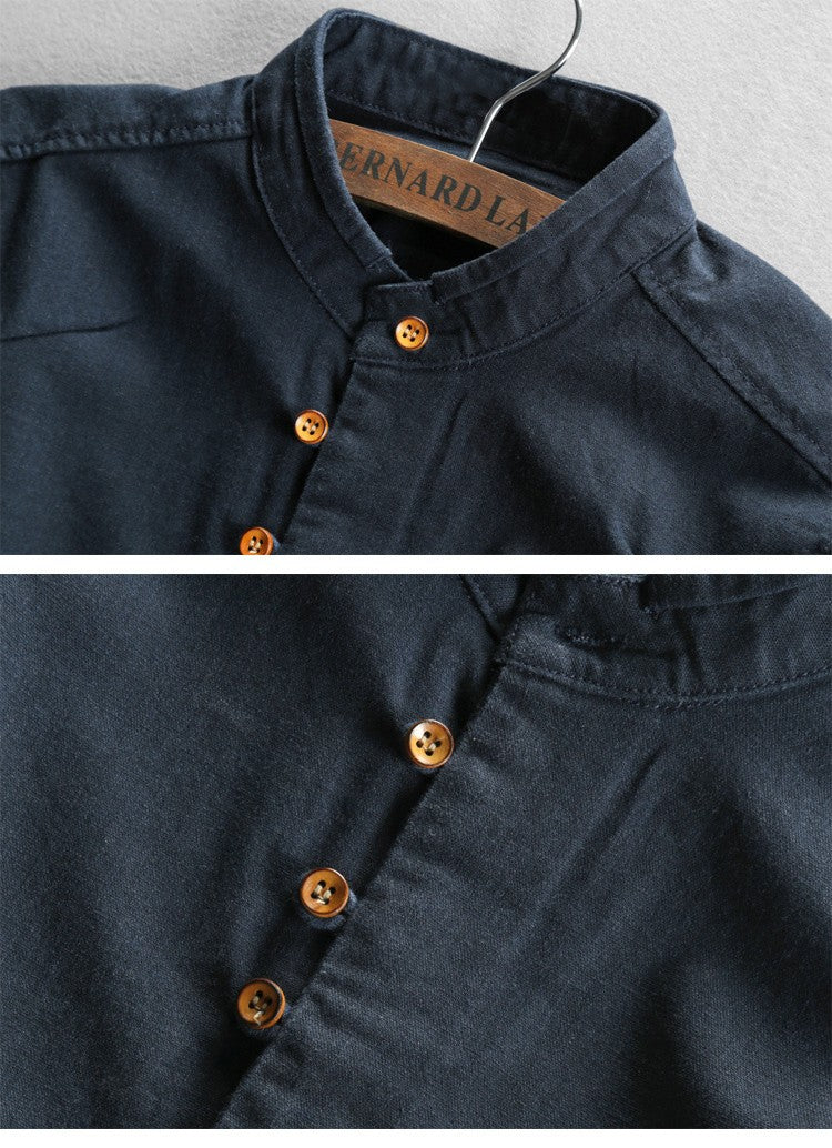 Japan Style Mens Linen Cotton Shirt Harajuku Stand Collar Long Sleeve Slim Fit Solid Color Male Casual Breathable Classical Tops