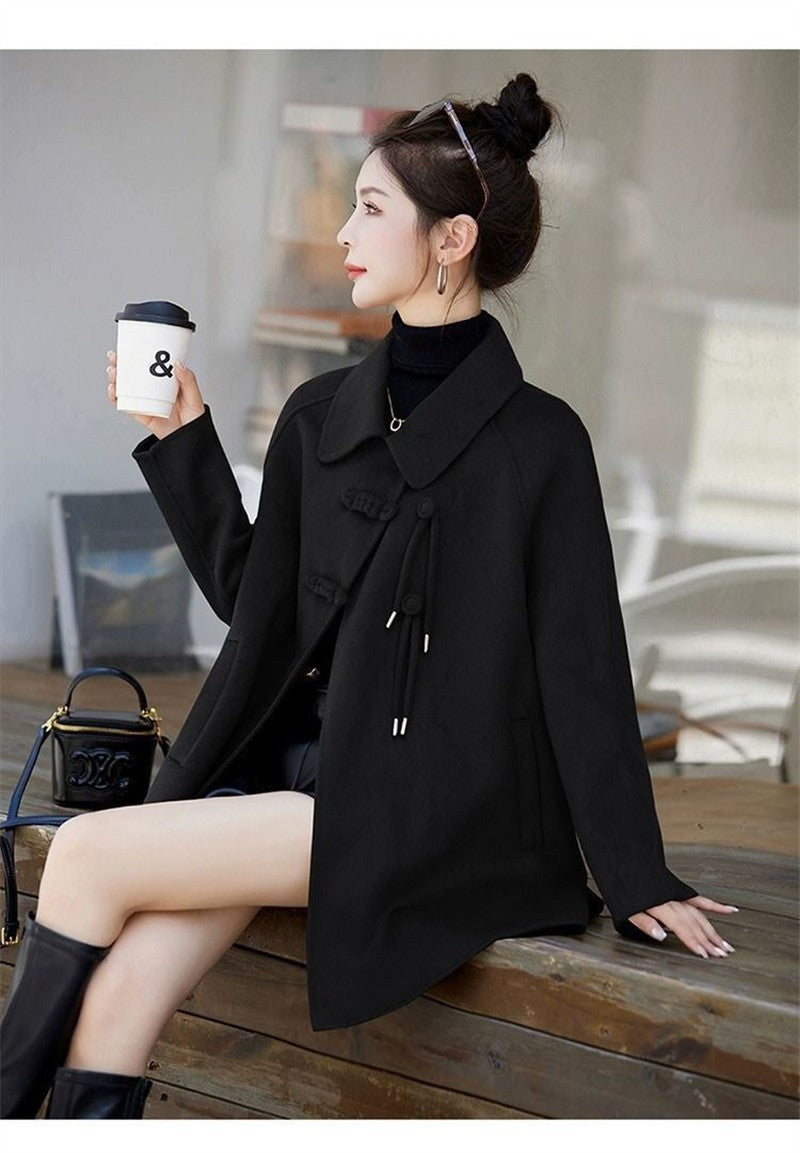 High Quality Woolen Coat Women 2025 Autumn Winter New Cloak Long Wool Jacket Chinese Retro Buckle Ladies Overwear Korean Outcoat