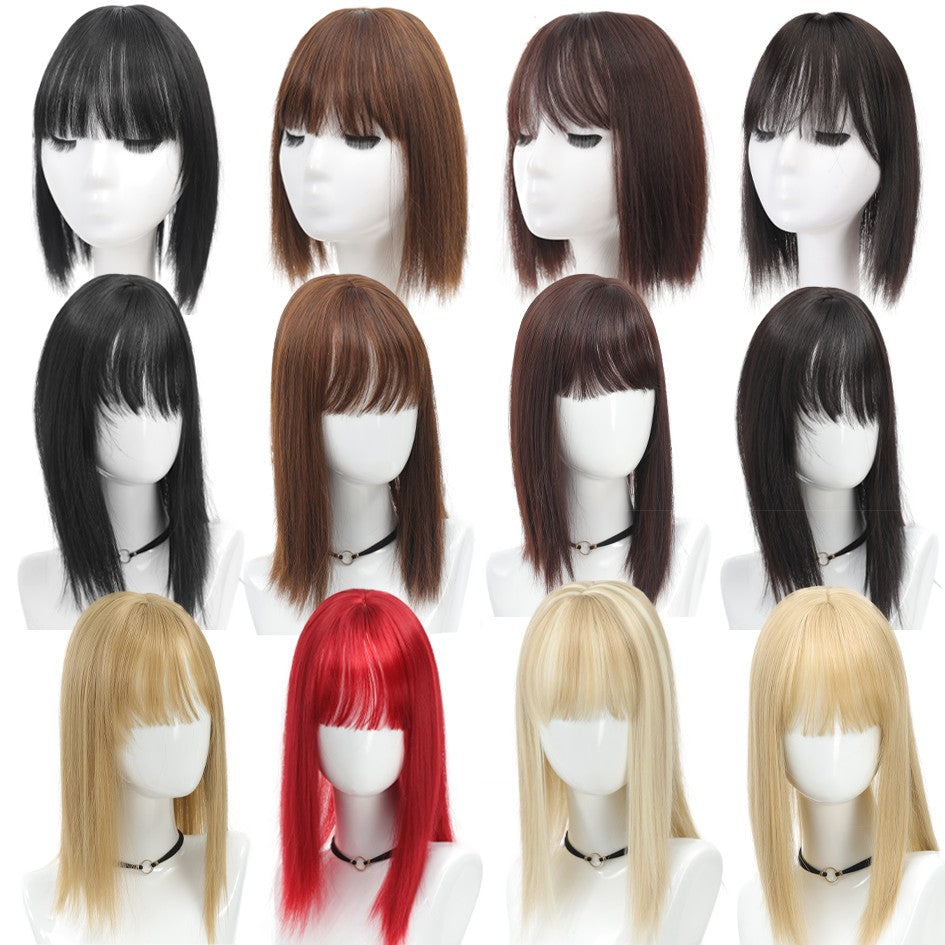 Franja sintética feminina de 25 cm/35 cm, lisa, aplique de cabelo topo, três presilhas, peruca preta/peruca marrom/peruca bege/peruca cáqui