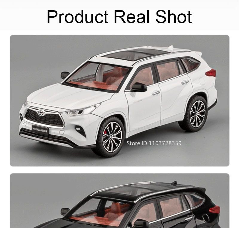 Miniaturas de carros Highlander RAV4 em liga fundida escala 1:24, com som, luz, portas que abrem, função de fricção e absorção de choque – Presente para meninos