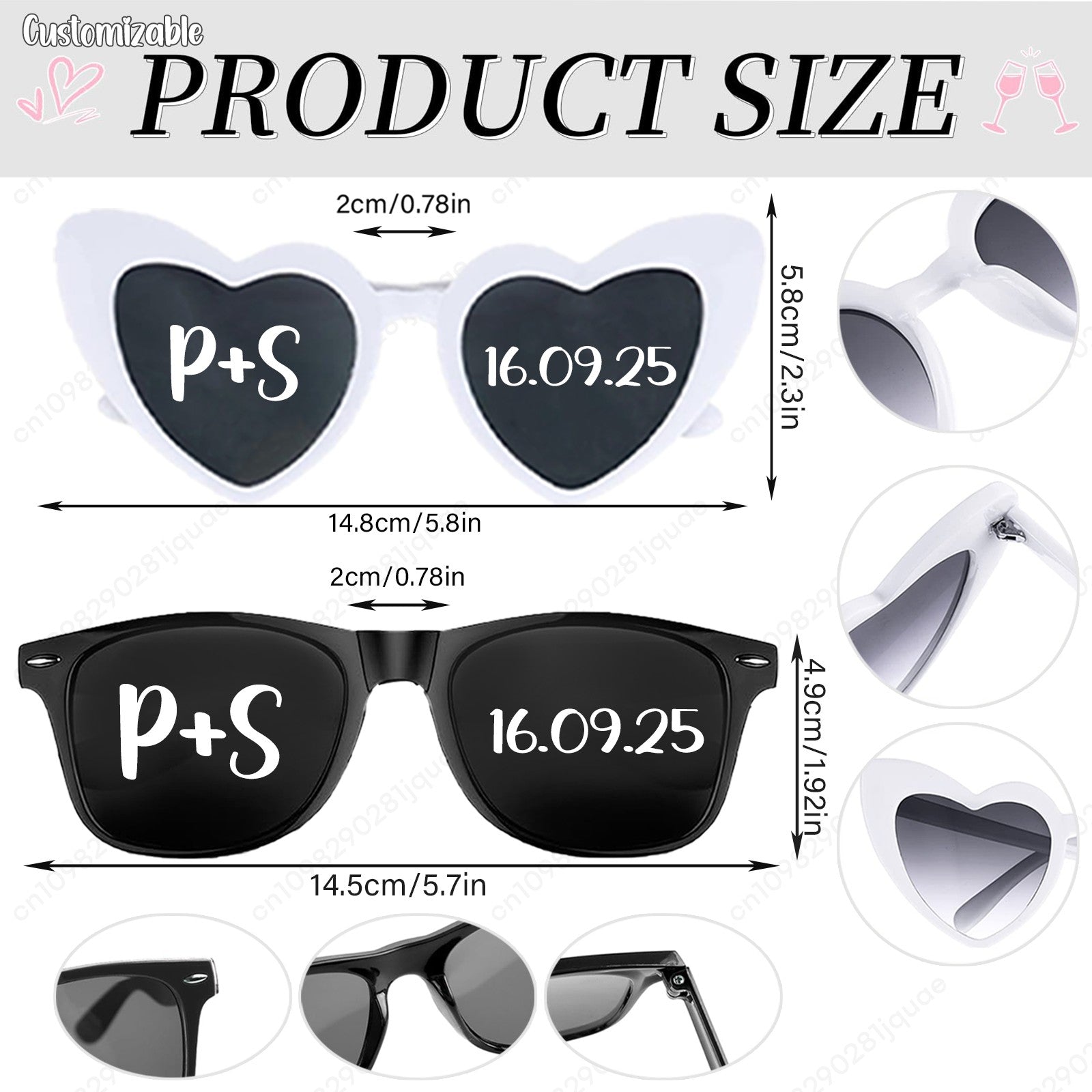 12-120Pcs Custom Wedding Sunglasses Personalised Heart Shaped Sunglasses Wedding Party Favors for Guest Date Initials Custom