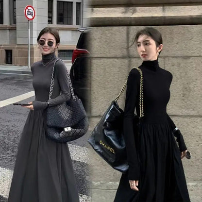 New French Style Temperament Women's High-Grade Black Dress Hepburn Style Gray Turtleneck Dress for Women Autumn Winter DF4964