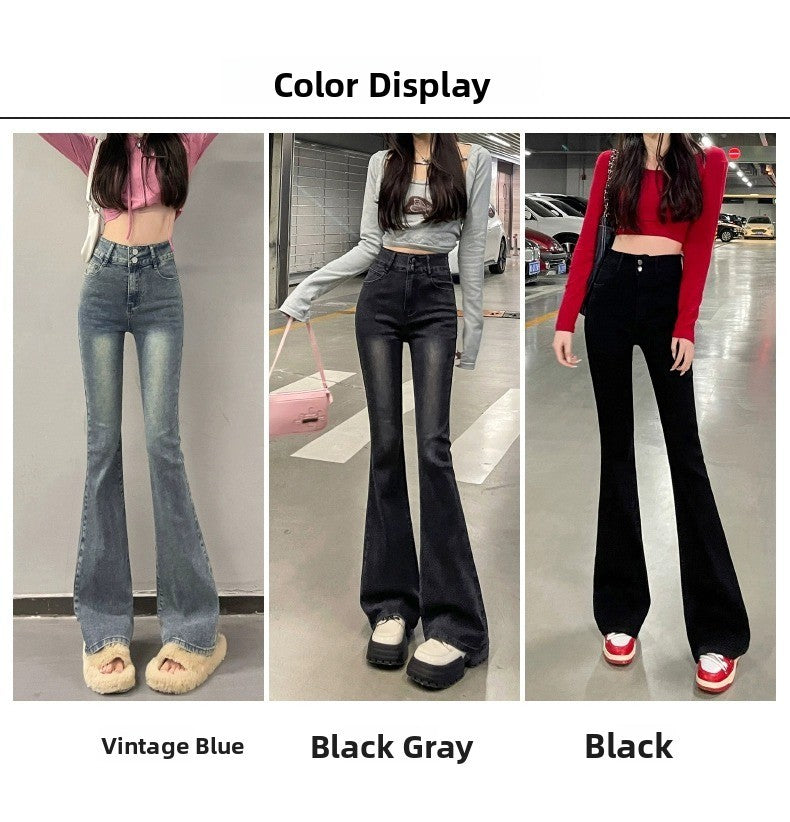 High Waist Fce Lined Thiened Autumn Winter American Bla ey Micro Flared Jeans Women Slimming Legging  Hoof Pants