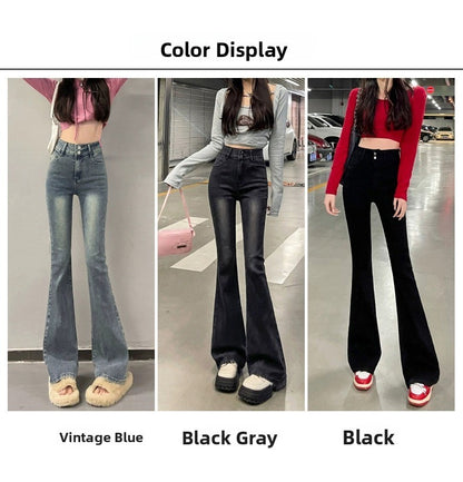 High Waist Fce Lined Thiened Autumn Winter American Bla ey Micro Flared Jeans Women Slimming Legging  Hoof Pants
