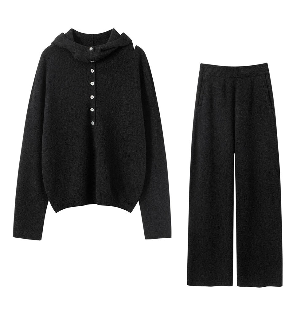Autumn Winter New 100% Pure Cashmere Women Half Open Front Hoodie Set Knitted Two Piece Pullover Knitwear Wide Leg Pants