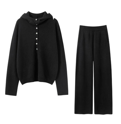 Autumn Winter New 100% Pure Cashmere Women Half Open Front Hoodie Set Knitted Two Piece Pullover Knitwear Wide Leg Pants