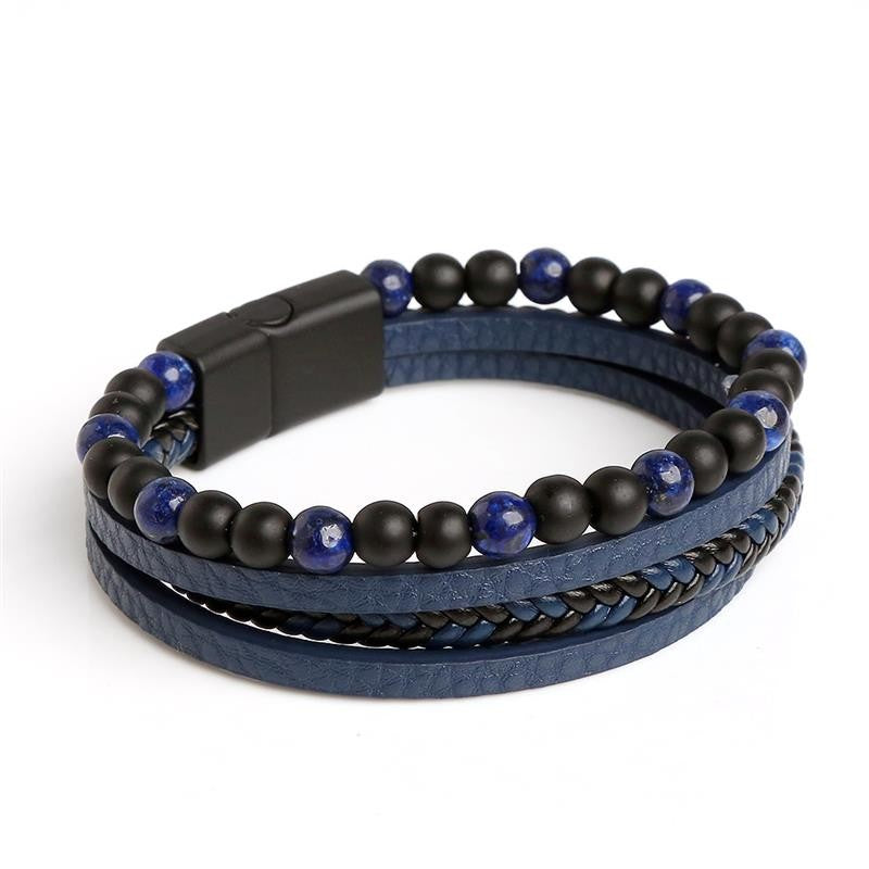 Pulseira de Couro Jiayiqi Masculina Punk Hip Hop Metal Charm Contas Olho de Tigre Pulseira Multicamadas para Homens Joia da Moda Presente