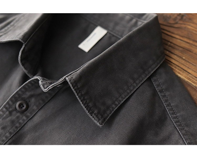 2025 Spring New American Retro Heavyweight Woven Cargo Shirt Men's Simple 100% Cotton Washed Double Pocket Blousers Loose Caot