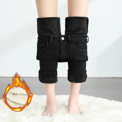 Women's Winter Fleece Warm Jeans Retro Elastic Thickened Comfortable Straight Fashion Korean Casual Female Velvet Denim Pants