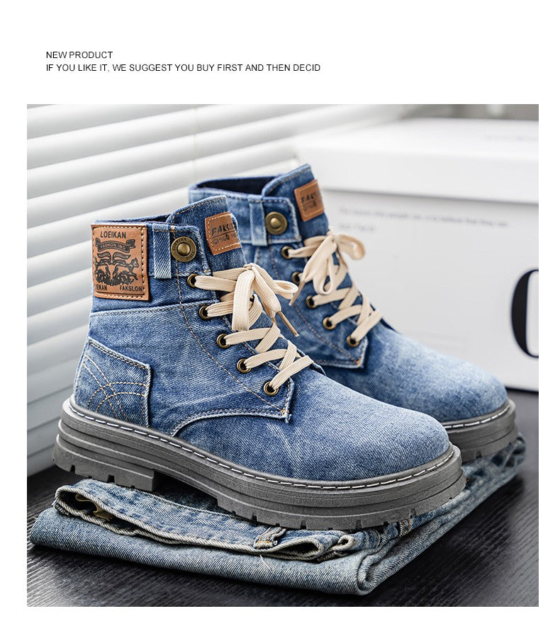 Retro blue men's denim boots, lace-up thick-soled boots, men's ankle boots, casual men's work shoes, Botas Hombre, size 48