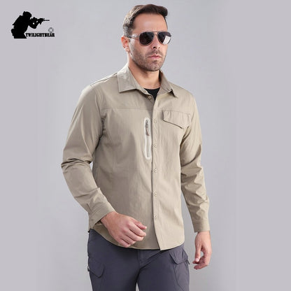 Stretch Men's Shirt Multiple Pockets Quick Drying Shirts High Quality Male Elastic Tooling Shirt Men Clothing Casual Shirts AF54