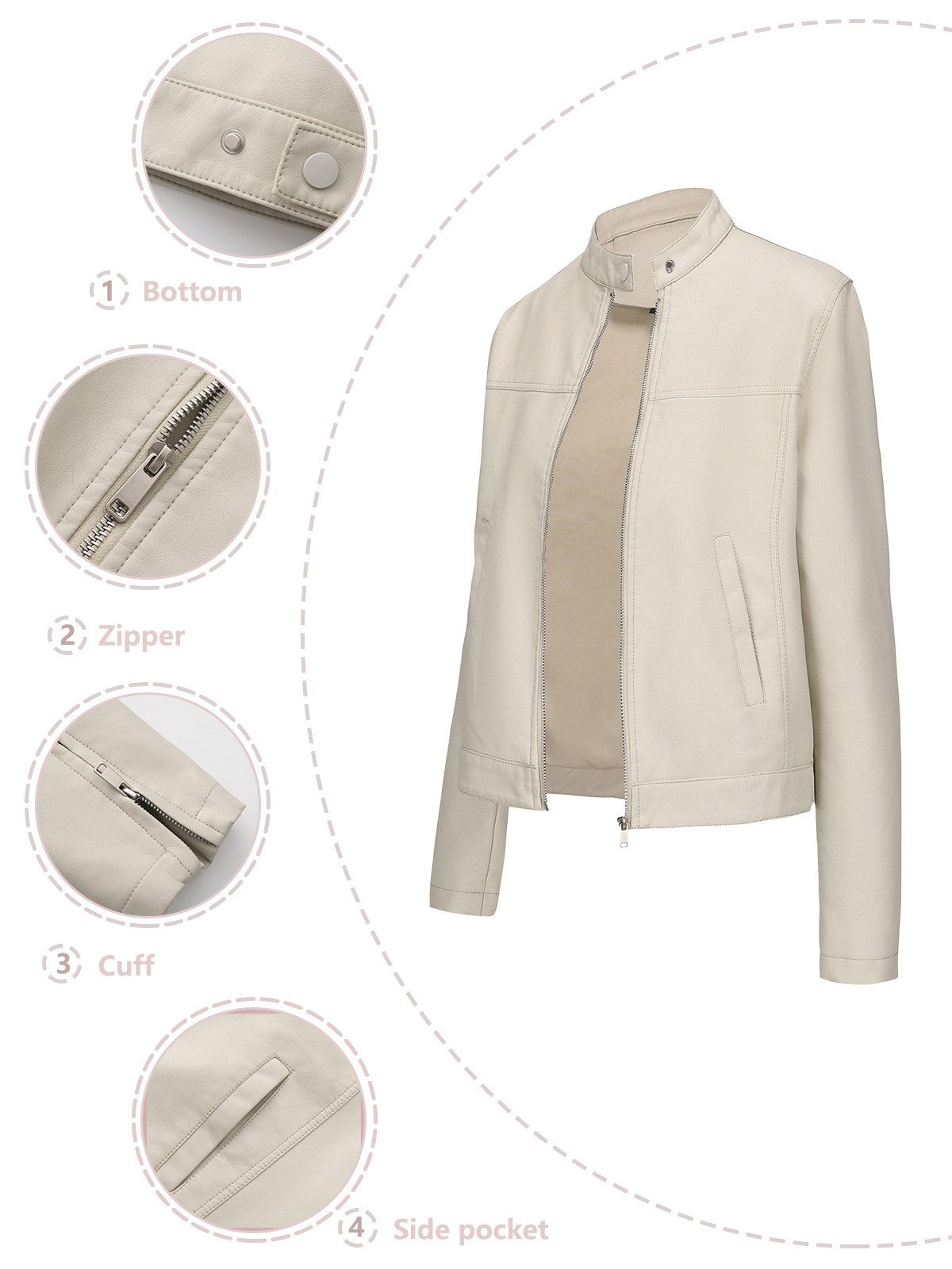 Black Women's Fitted Leather Jacket with Front Zipper & Side Pockets?, Available in Brown, Navy Blue, and Beige.