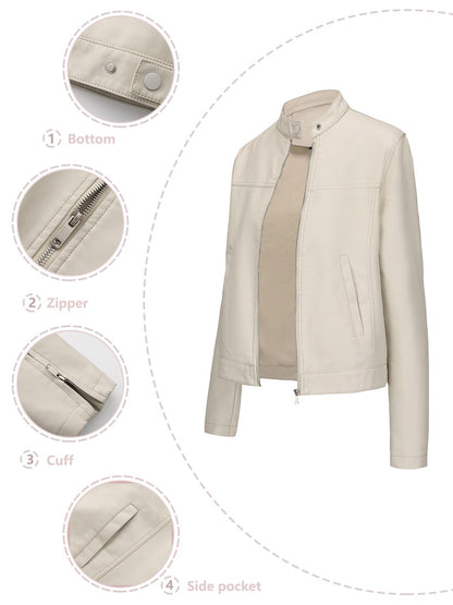 Black Women's Fitted Leather Jacket with Front Zipper & Side Pockets?, Available in Brown, Navy Blue, and Beige.