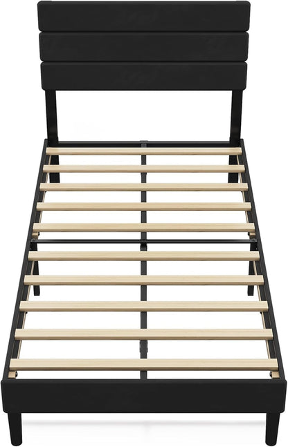 Base de Cama Estofada Solteiro, Cabeceira Acolchoada em Veludo, Estrutura Robusta de Metal e Madeira, Não Requer Box Spring,