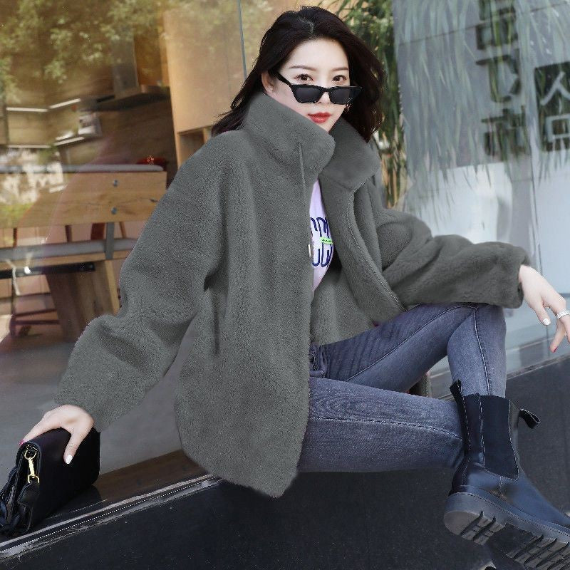 Elegant Autumn WInter Solid Jacket Fashion Long Sleeve Fleece Warm Stand Collar Plush Thick Coats Casual Office Lady Zip Outwear