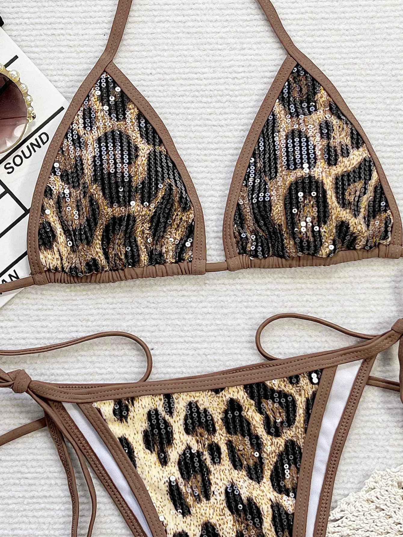 Sexy Triangle Bathing Suit for Women Bikini 2025 Women Sequin Leopard Print Push Up Micro Swimsuit Beach Swimming Suit Swimwear