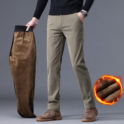 New Fleece Pants Men Casual Work Business Trousers Winter Corduroy Straight Slim Pants Outdoor Streetwear Thick Warm Sweatpants