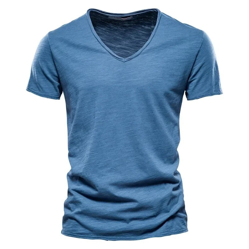 2024 hot summer men's new solid color V-neck pure cotton short sleeved T-shirt hot selling men's T-shirt top Men Mens