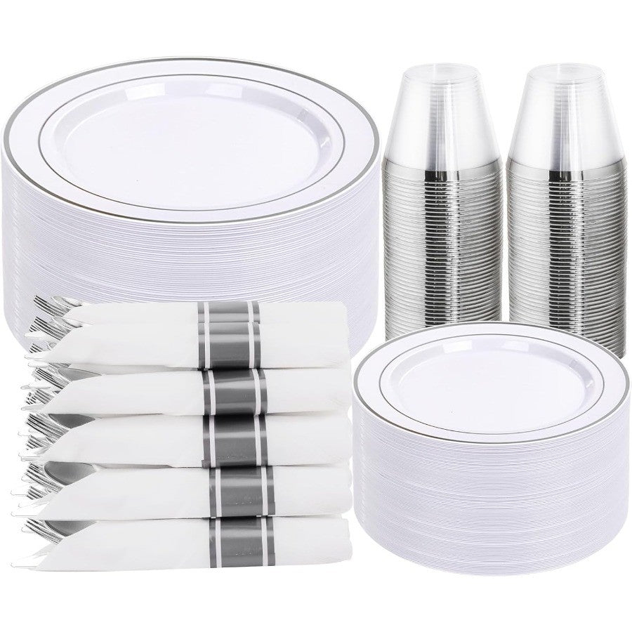 350PCS Silver Plastic Dinnerware Set for 50 Guests Fancy Disposable Plates for Party Include: 50 Dinner Plates 50 Dessert Plate