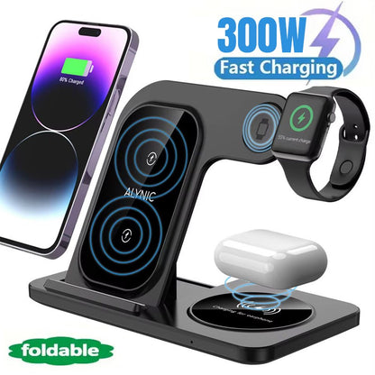 Base Carregadora Sem Fio Rápida 300W Dobrável para iPhone 16 15 14 13 12 Pro Max Apple Watch Airpods
