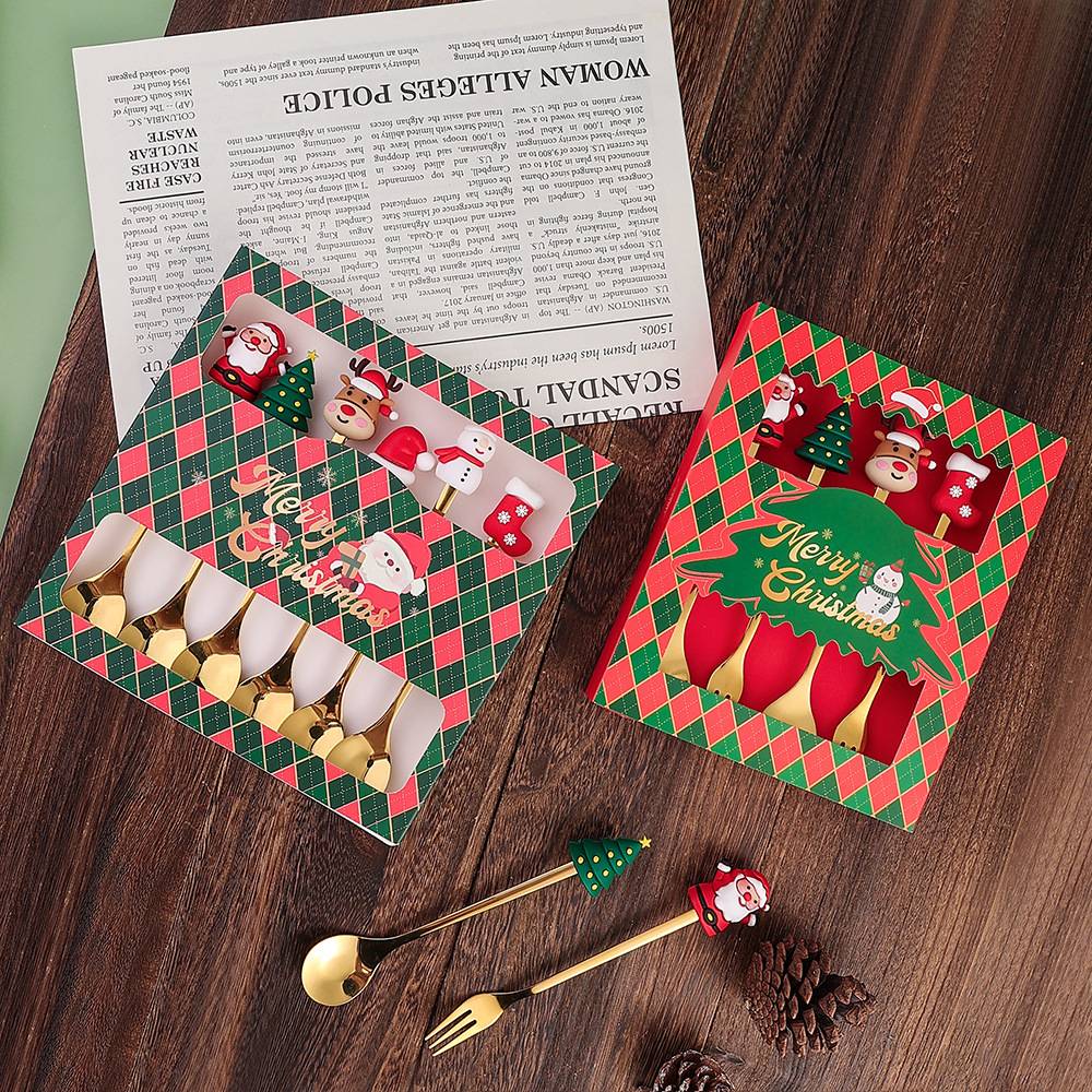 Christmas Themed Cutlery Gift Set 2/4/6pcs Stainless Steel Forks Spoons for Dessert, Creative Holiday Tableware Coffee Tea Party