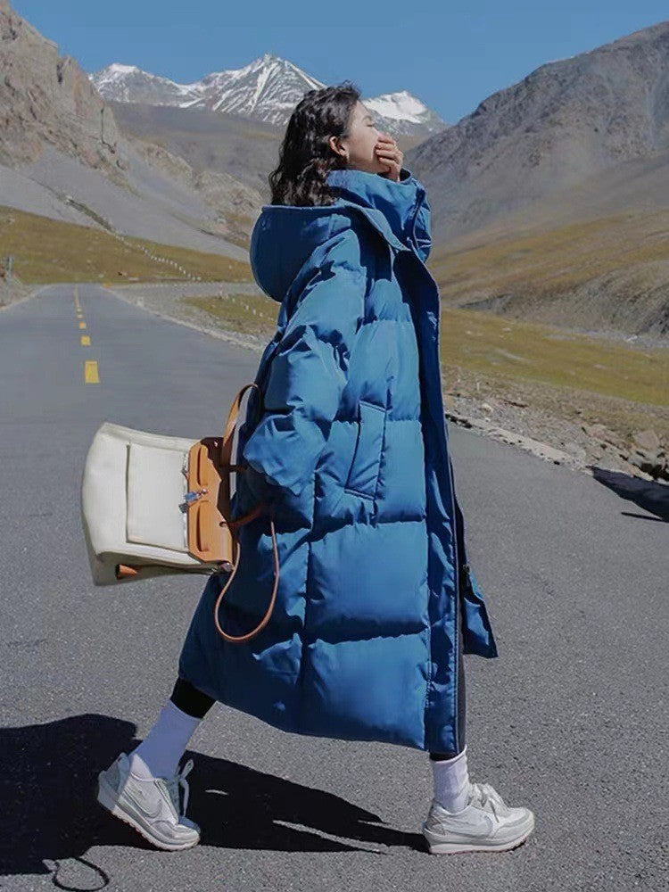 Long Thickened Down Cotton Bread Style Coat Women's Winter 2025 Outerwear Korean Loose Long Knee Length Solid Hooded Jacket