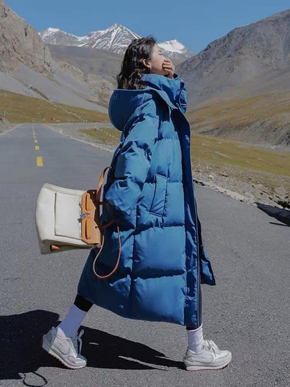 Long Thickened Down Cotton Bread Style Coat Women's Winter 2025 Outerwear Korean Loose Long Knee Length Solid Hooded Jacket