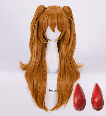 Perucas de Cosplay de Alta Qualidade EVA Asuka Langley Soryu Laranja Longa com 2 Grampos de Rabo de Cavalo Peruca de Cabelo Sintético Resistente ao Calor + Touca de Peruca