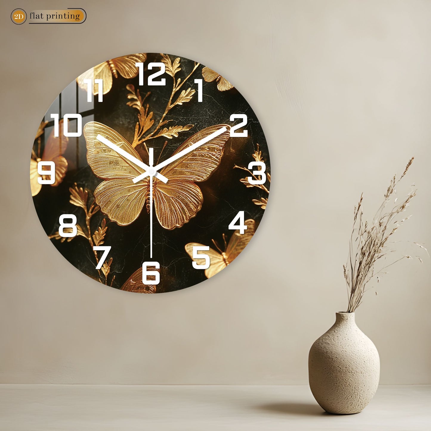 Golden Butterfly Elegance Wall Clock, Luxe Marble Background Decor, Glamorous Home or Office Timekeeper
