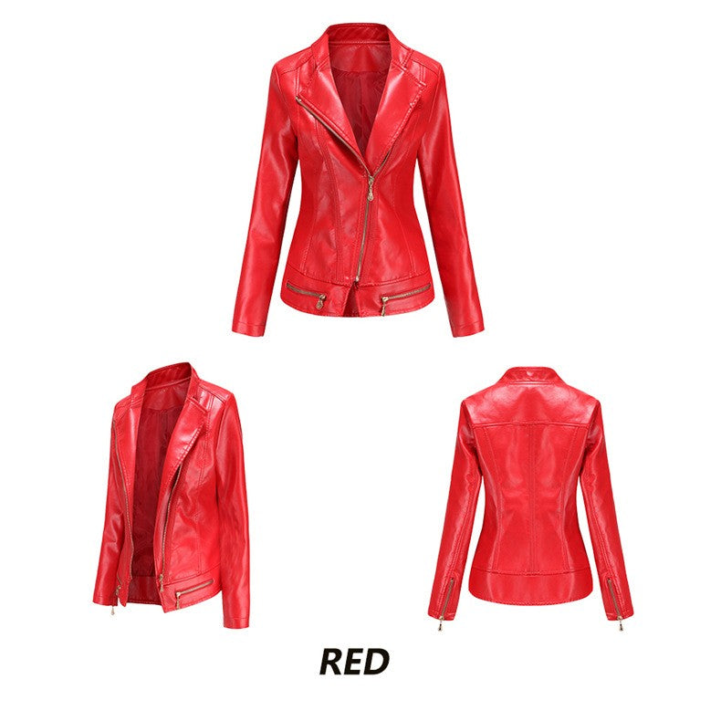 Women's Bright Red Lapel PU Jacket, Zippered Embellished Leather Jackets, Women Fashion Casual Coat of Female Outerwear
