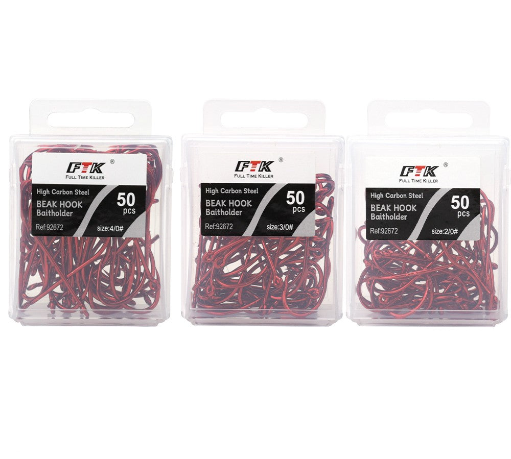 Anzóis de Pesca Vermelhos FTK 1/0-10# Iscas de Pesca com Farpa para Mar Haste Bico Porta-Isca Viva Jig de Pesca para Carpa Acessórios Anzóis de Minhoca