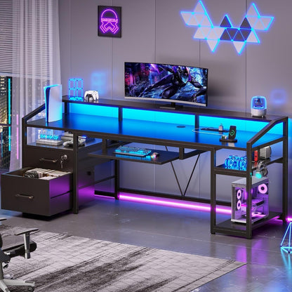 Mesa de jogos com luzes de LED, tomada elétrica, gavetas com chave para escritório e casa, escrivaninha de computador de 63" com armazenamento para arquivos tamanho A4/Carta