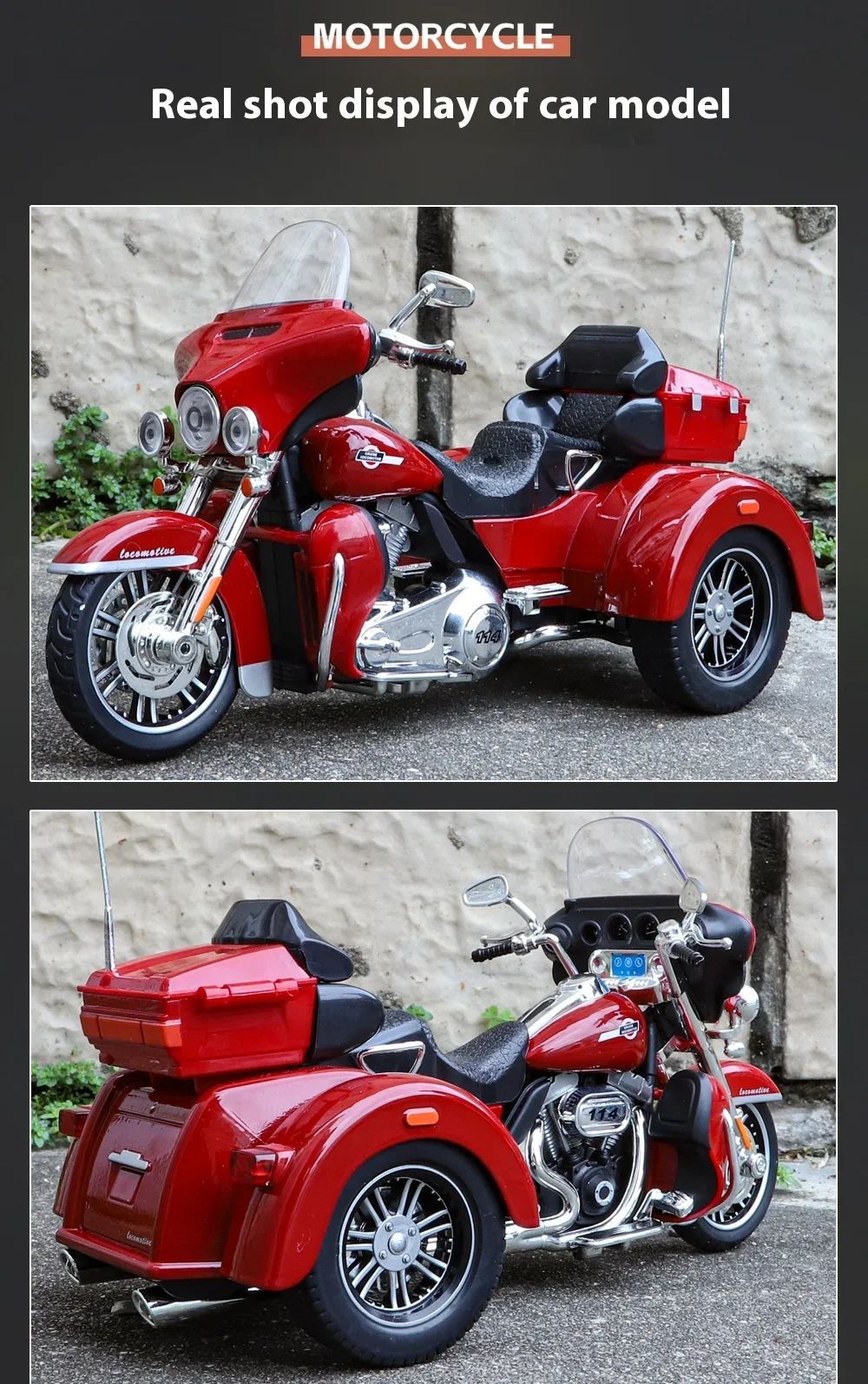 1:9 Harley D-vTRI GLIDE ULTRA Triciclo de Luxo em Liga Fundido Coleção Moto Brinquedo Luz e Som Decoração Presente