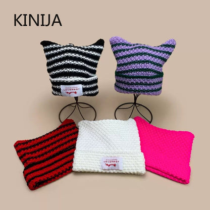 Y2K Handmade Stripe Knit Beanie Hat Cat Ears Cold Hat Winter Men Female Warm Crochet Hat Kawaii Designer