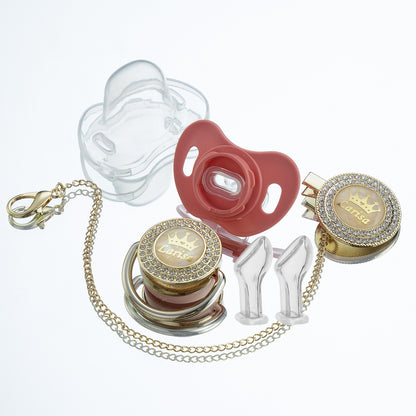 Miyocar Bling Custom Pink Brave Lion Pacifiers Bring 3 Replacement Silicone Teat Include All Size for Boy Girl Baby Shower Gift