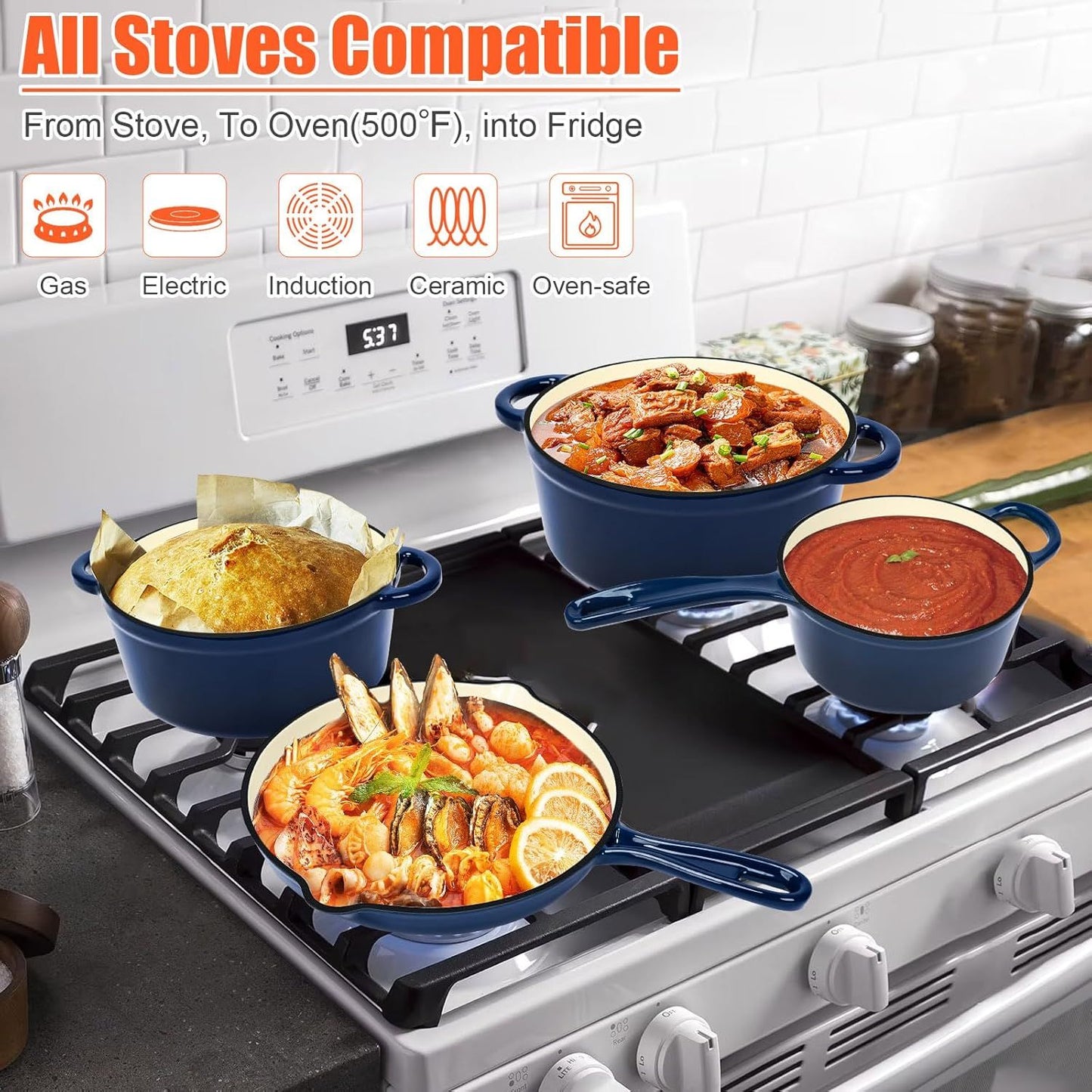 Nonstick Enameled Cast Iron Cookware Set, Frying Pan Skillet- 7-Pcs Pots and Pans with Lid, Healthy Round Dutch Oven Pot for Sou