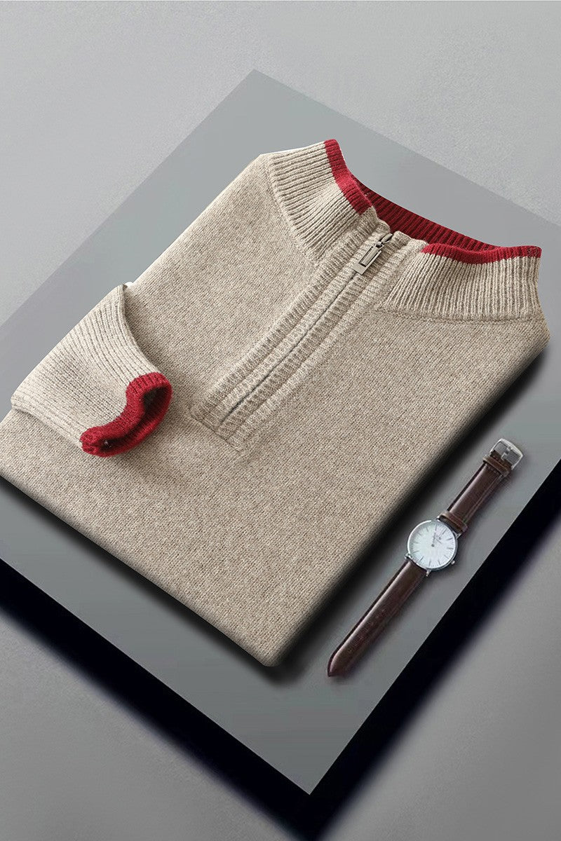 New Men Knitted Half Zipper Style Pullover Pure Australian Wool Sweater Splicing Edge Decoration High quality Thicken Warm Tops