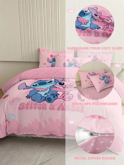 2/3pcs Stitch Duvet Cover Set Pink Bedding Skin-Friendly and Comfortable Cartoon Style Comforter Cover Set Decor