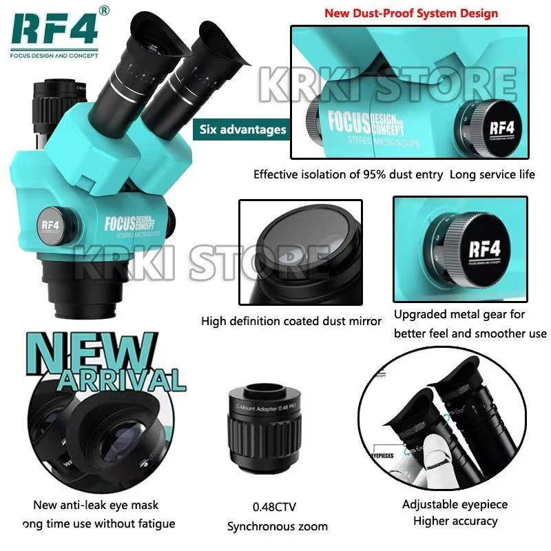 RF4 Microscópio Trinocular Estéreo Rotação 360° com Braço Articulado Suporte de Campo Amplo Câmera HDMI 4K Reparo de Solda de Placa PCB de Celular