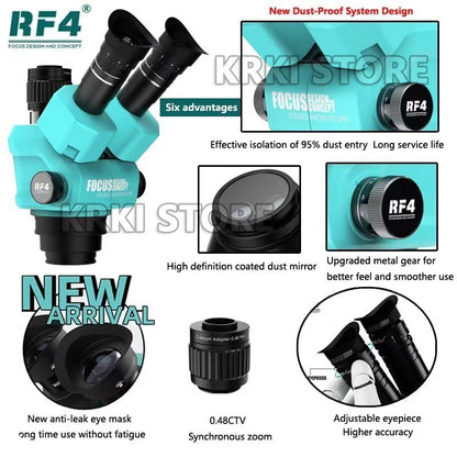 RF4 Microscópio Trinocular Estéreo Rotação 360° com Braço Articulado Suporte de Campo Amplo Câmera HDMI 4K Reparo de Solda de Placa PCB de Celular
