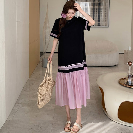 NYFS 2025 Summer Dress Loose plus Size Black Patchwork Pink Hem Long Dresses Robe Elbise Short Sleeve Korean Style Woman Dress