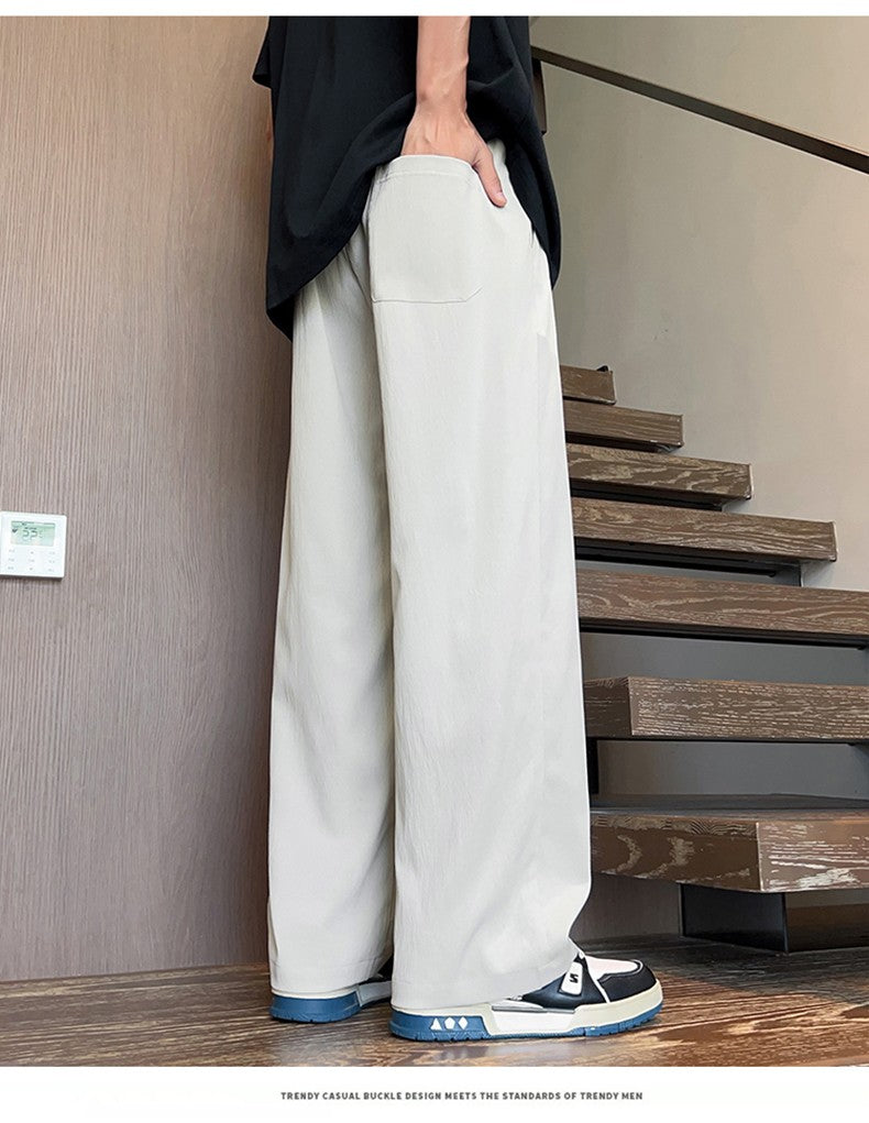 Novas Calças de Seda Gelo Chinesas Masculinas Verão Fina Solta Perna Larga Marca de Moda Seda Gelo Estilo Chinês Calças Casuais Bordadas Frescas