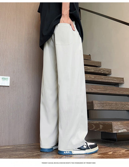 Novas Calças de Seda Gelo Chinesas Masculinas Verão Fina Solta Perna Larga Marca de Moda Seda Gelo Estilo Chinês Calças Casuais Bordadas Frescas