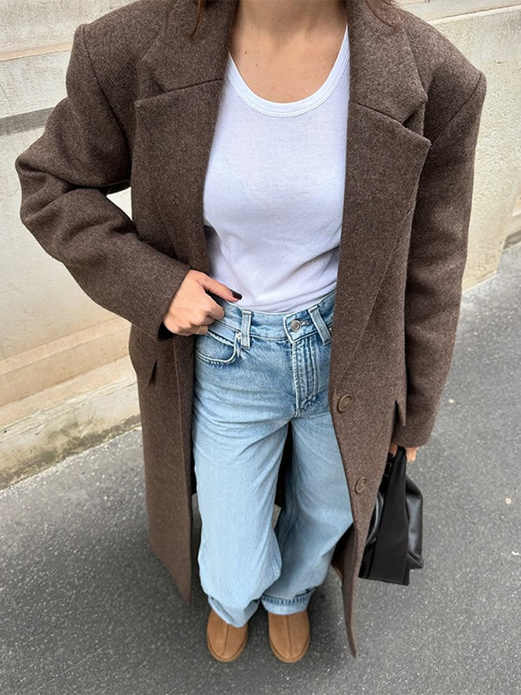 Women Elegant Shoulder Pad Wool Blend Overcoat Brown Lapel Single-breasted Long Sleeve Coat 2025 Autumn Lady Commuter Outerwear
