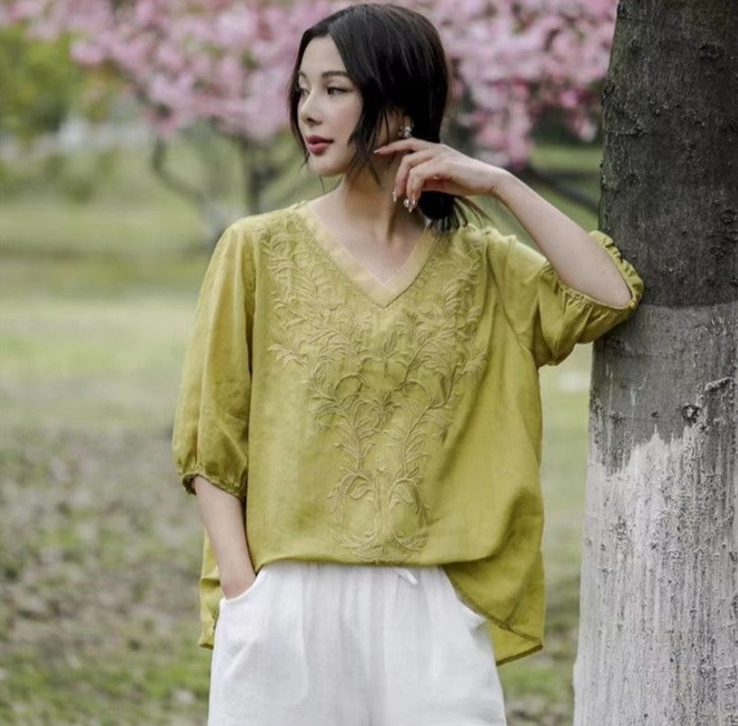 Summer New Literary Vintage Embroidery Cotton Linen Shirt Ladies Half Sleeve Loose Casual Fashion Blouse Women's Clothing Tops
