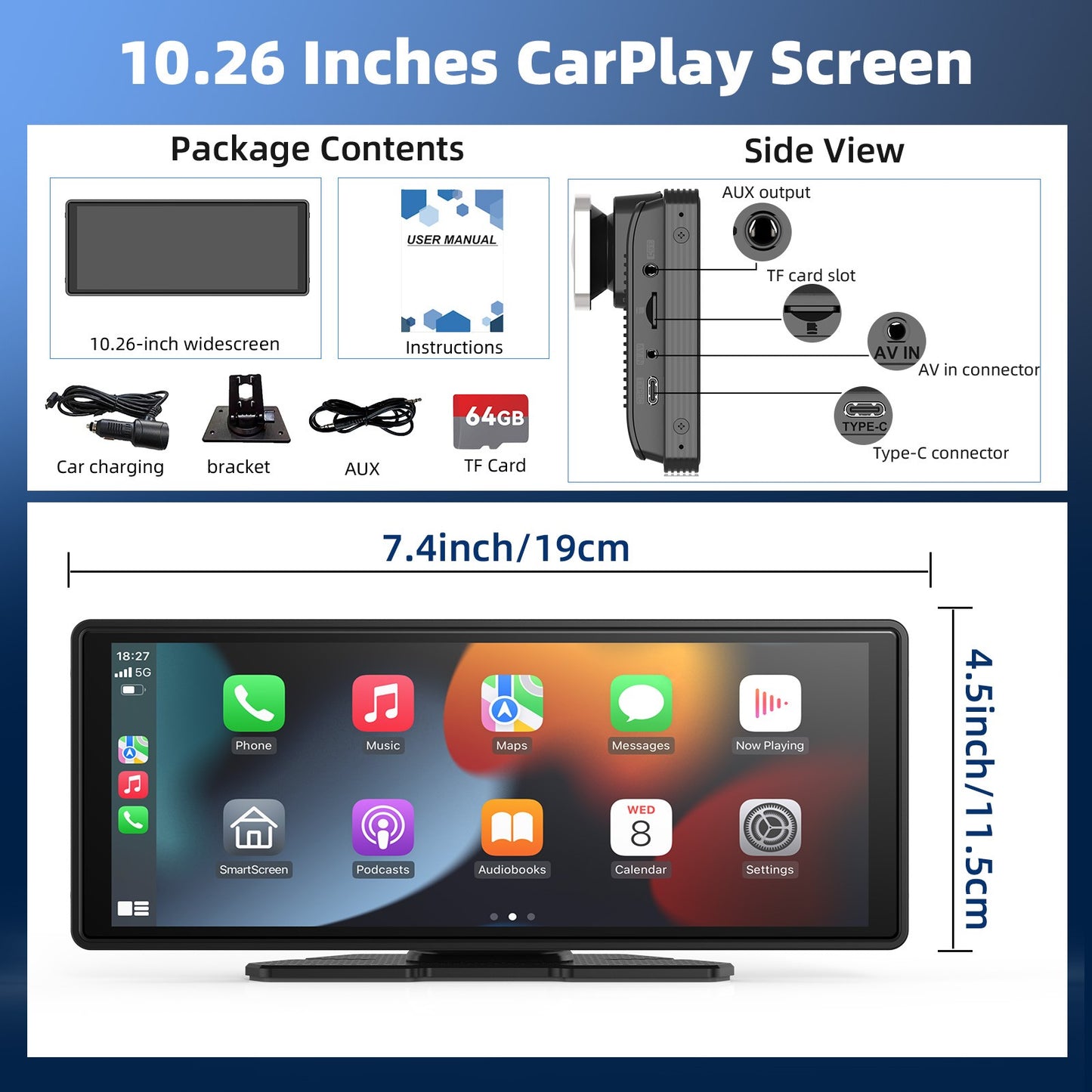 Central Multimídia Portátil Sem Fio com Carplay, Tela Sensível ao Toque HD de 10,26 polegadas para Carro com CarPlay e Android Auto com Mirror Link/Câmera de Ré