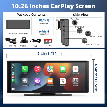 Central Multimídia Portátil Sem Fio com Carplay, Tela Sensível ao Toque HD de 10,26 polegadas para Carro com CarPlay e Android Auto com Mirror Link/Câmera de Ré