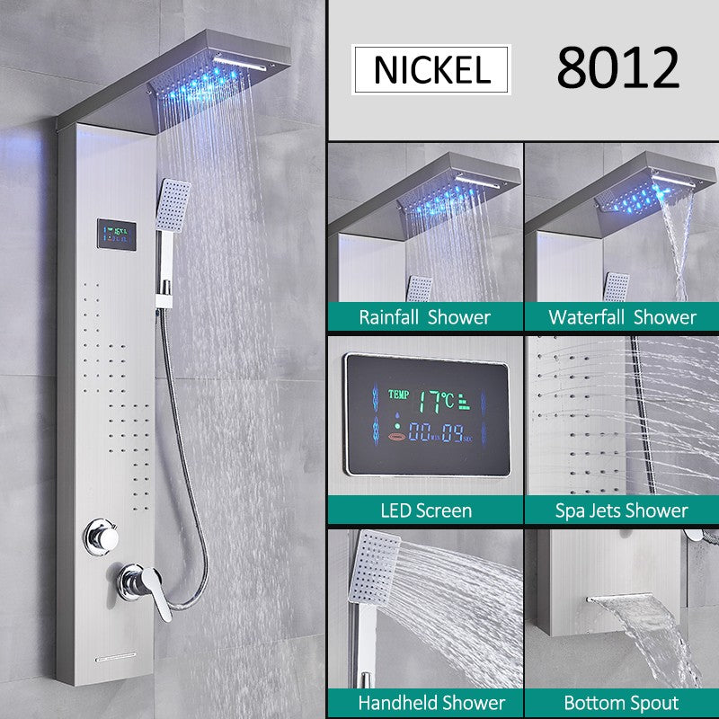 Sistema de Torre de Painel de Chuveiro de LED Coluna de Chuveiro de Cascata de Chuva com Tela LCD de Hidroeletricidade com Torneira de Chuveiro de Spa de Corpo com Massagem