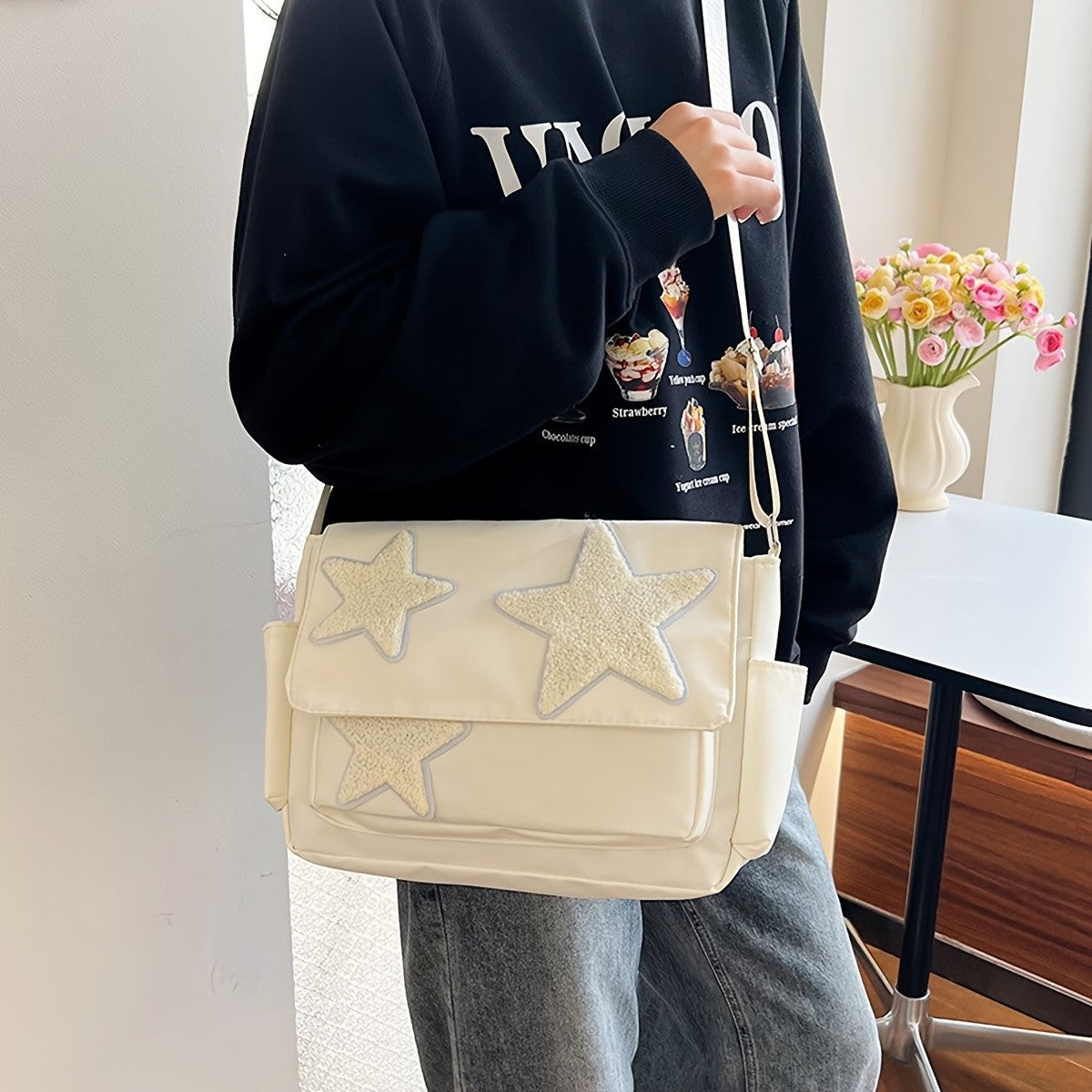 Cute Academic Star Print Shoulder Bag, Large Capacity Tote for Students, Casual Commuter Crossbody Purse, 1-Pack