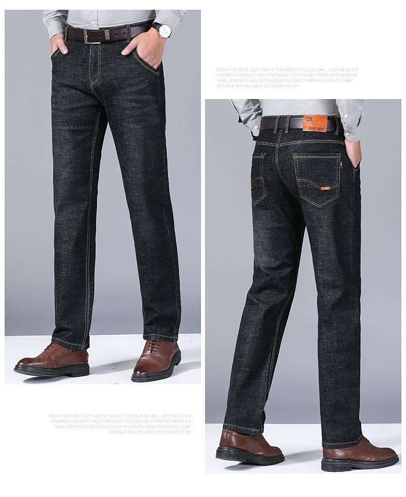 Calça Jeans Masculina Primavera Outono Negócios Casual Confortável Reta Denim Elástica Moda Clássica Macia Premium Azul Preto